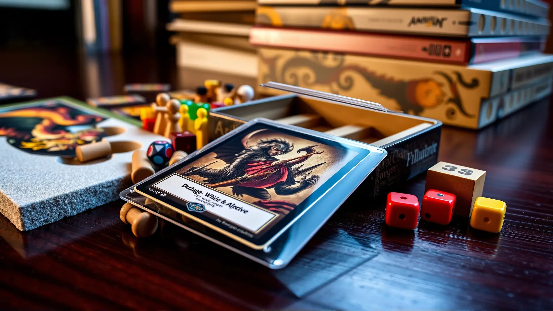 Componentes de juego detallados sobre madera pulida