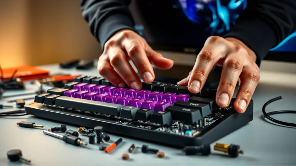 Manos ensamblan teclado gaming con detalle