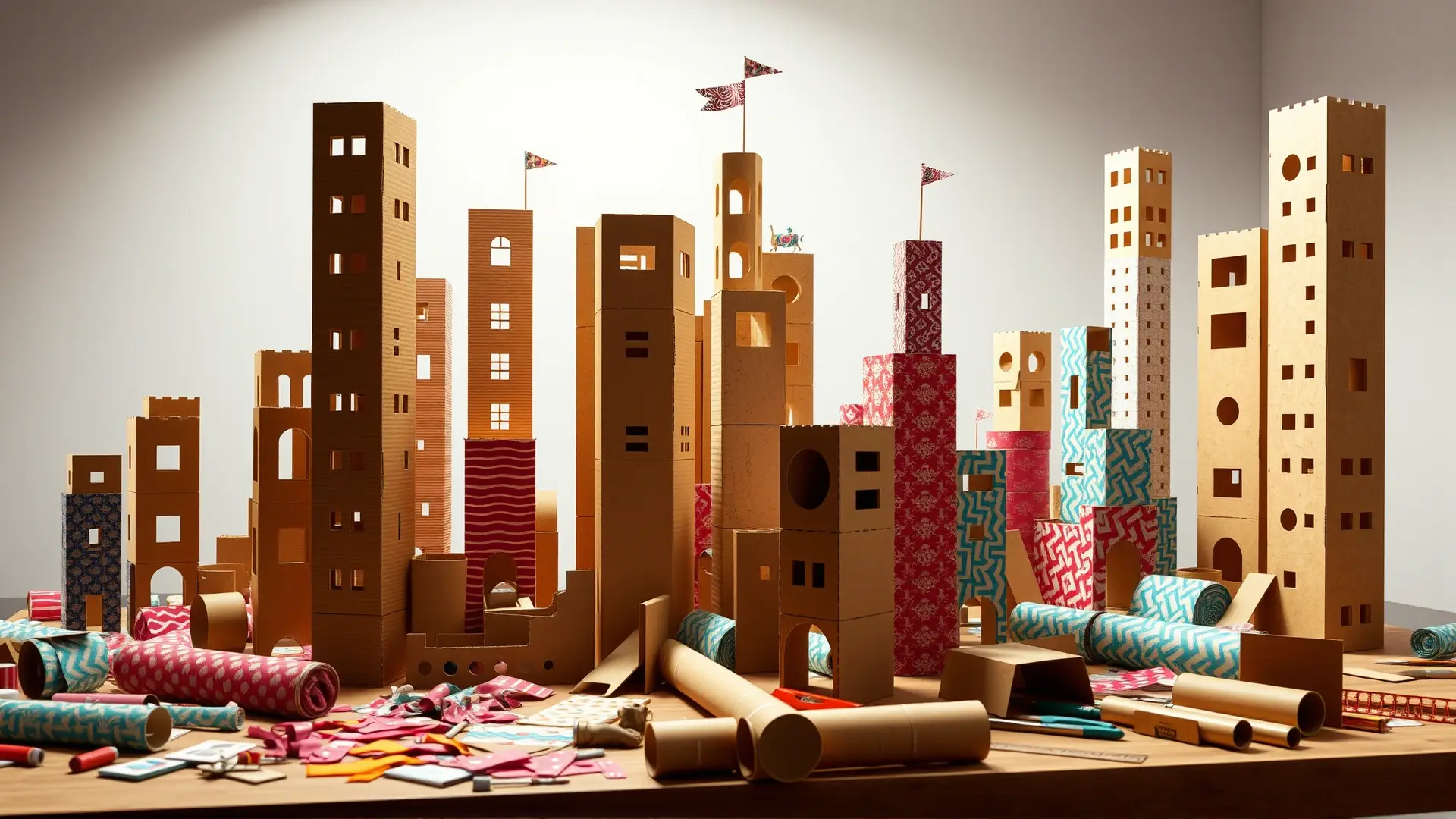 Ciudad de cartón vibrante y artesanal