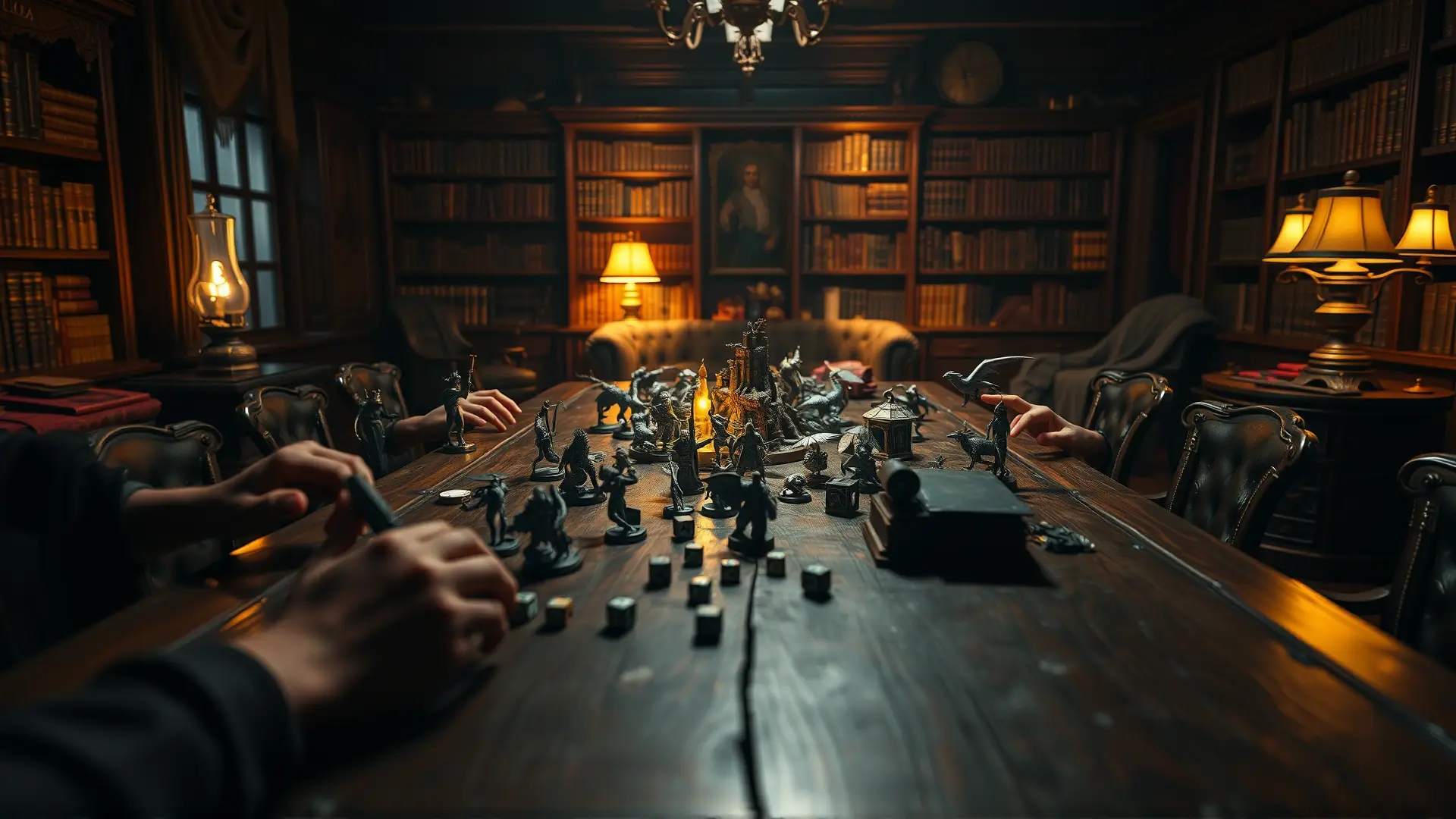 Juego de mesa épico, ambientación oscura y detallada