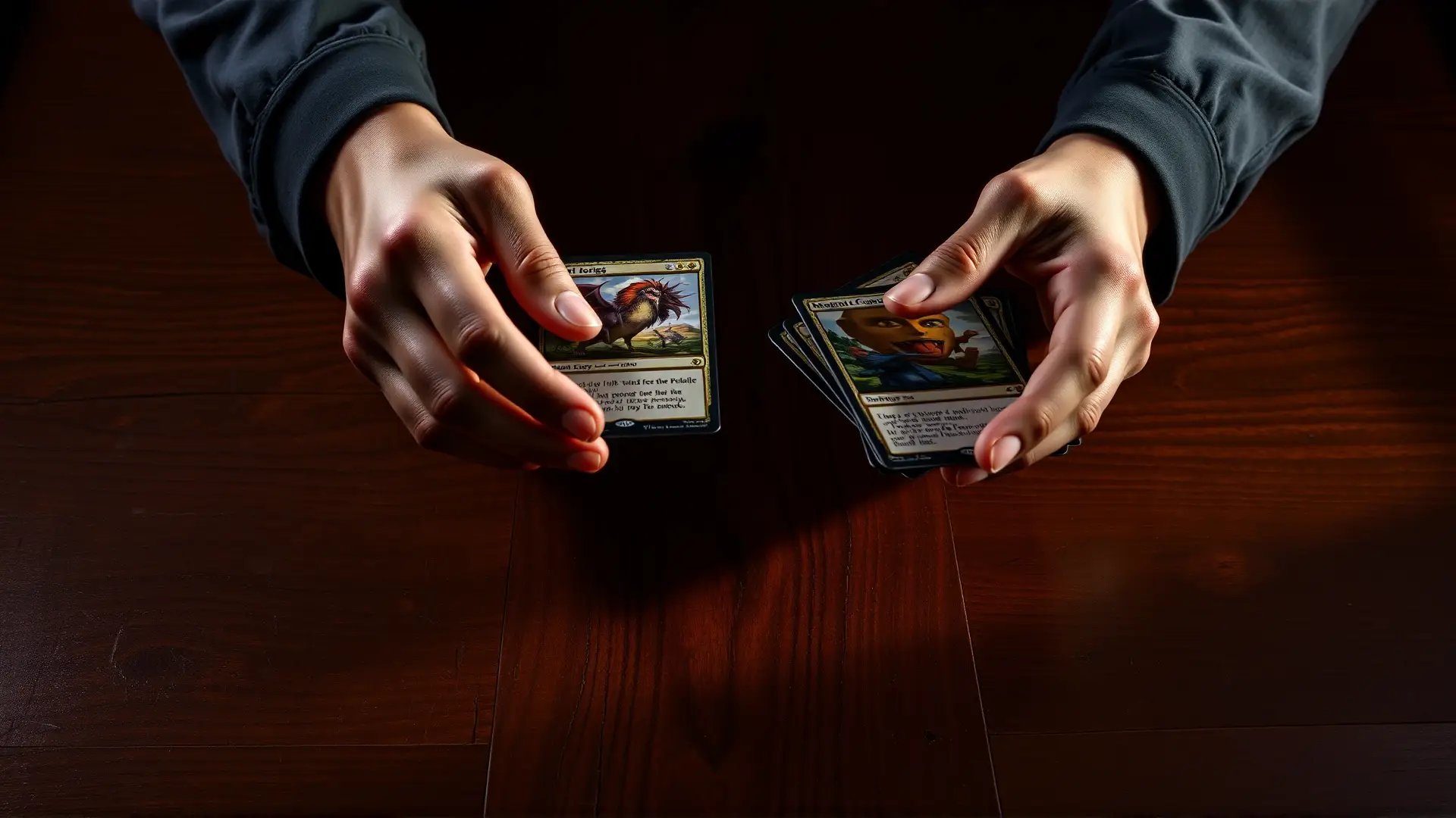 Manos intercambian cartas ilustradas con tensión lúdica