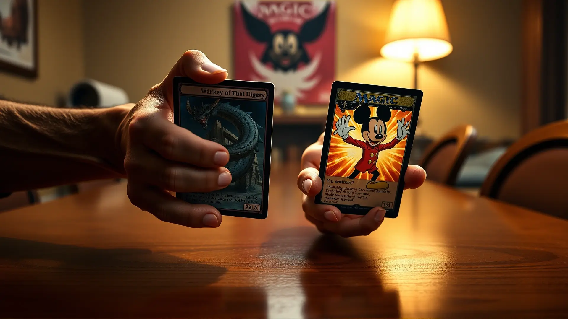 Manos sostienen cartas, uniendo fantasía y Disney