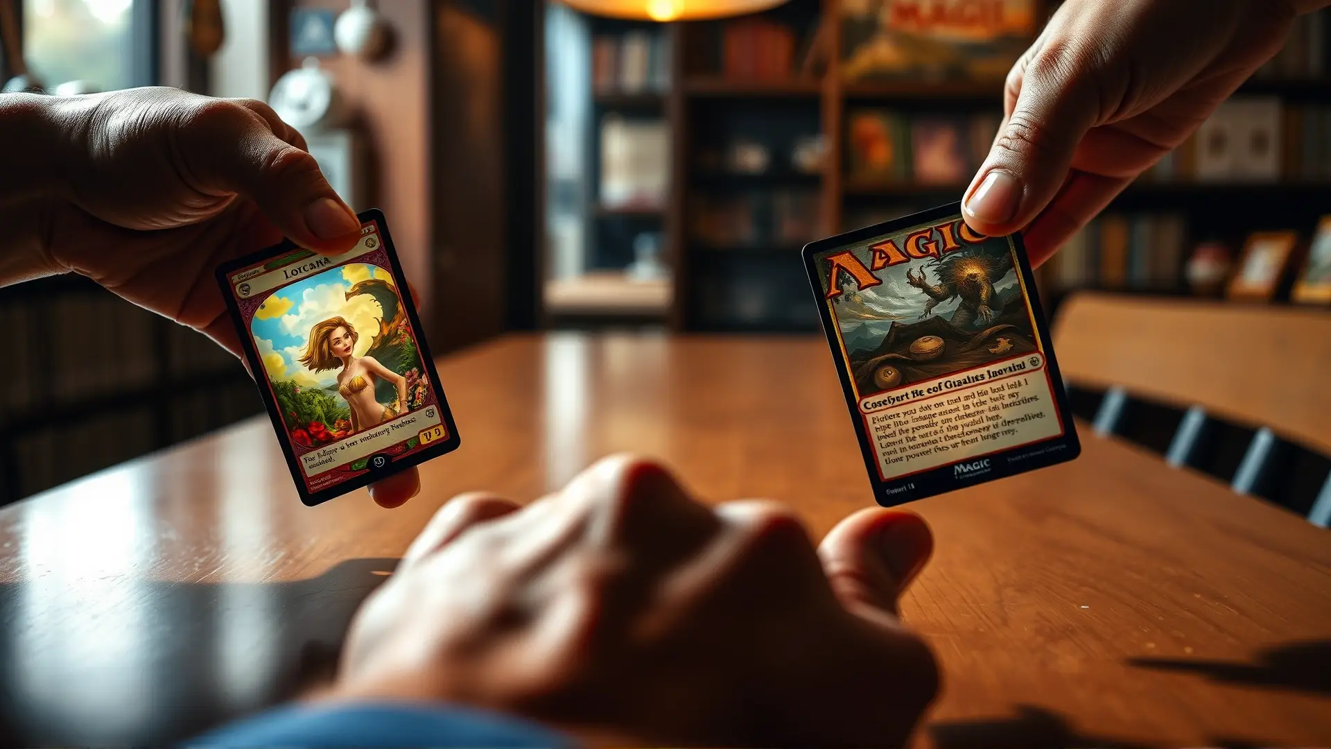 Manos alcanzan cartas fantásticas, detalladas y vibrantes