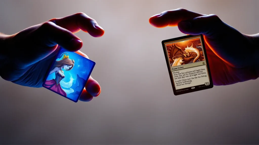 Manos sostienen cartas mágicas enfrentadas