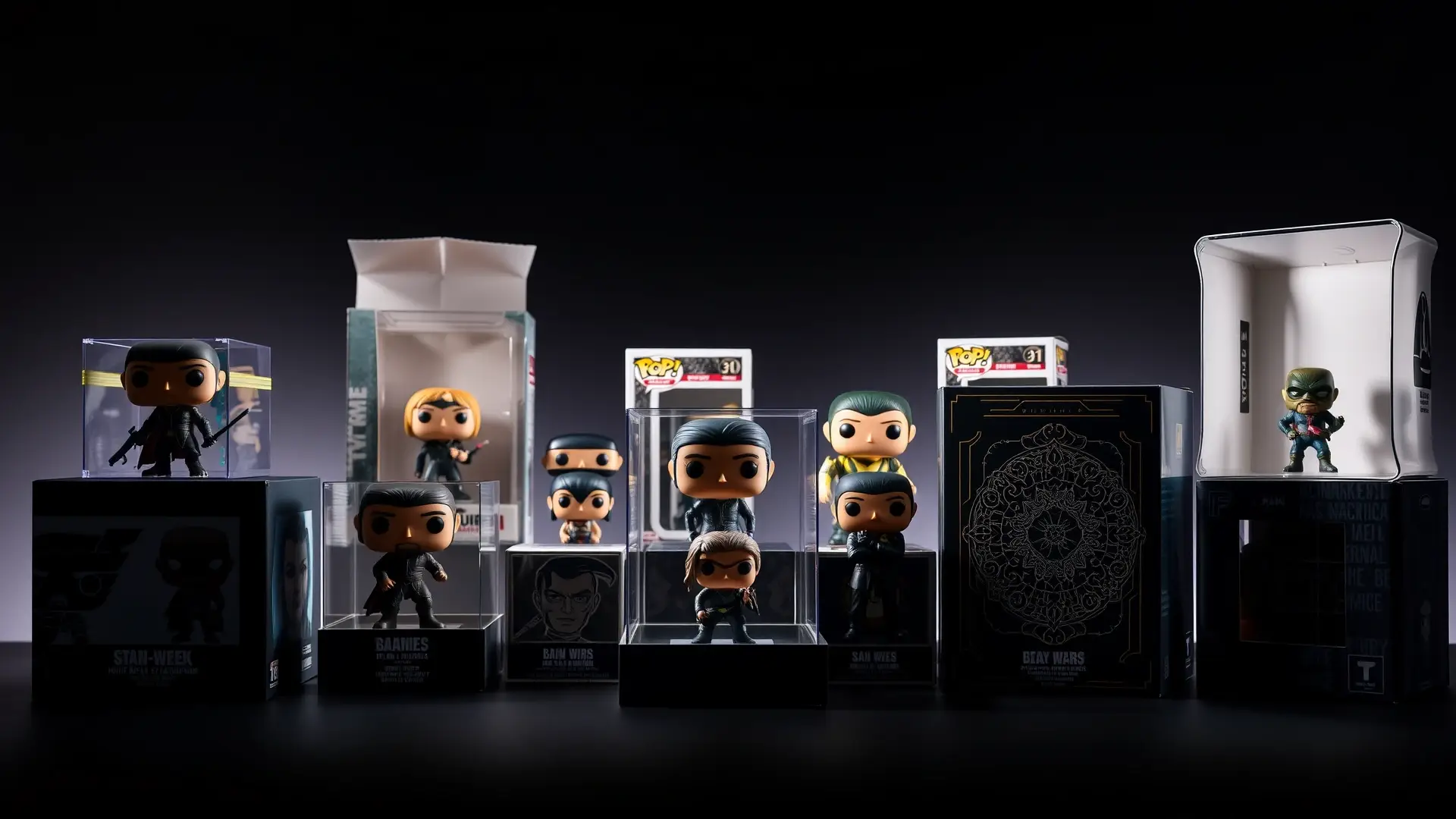 Bodegón fotorealista de Funko Pops y cajas