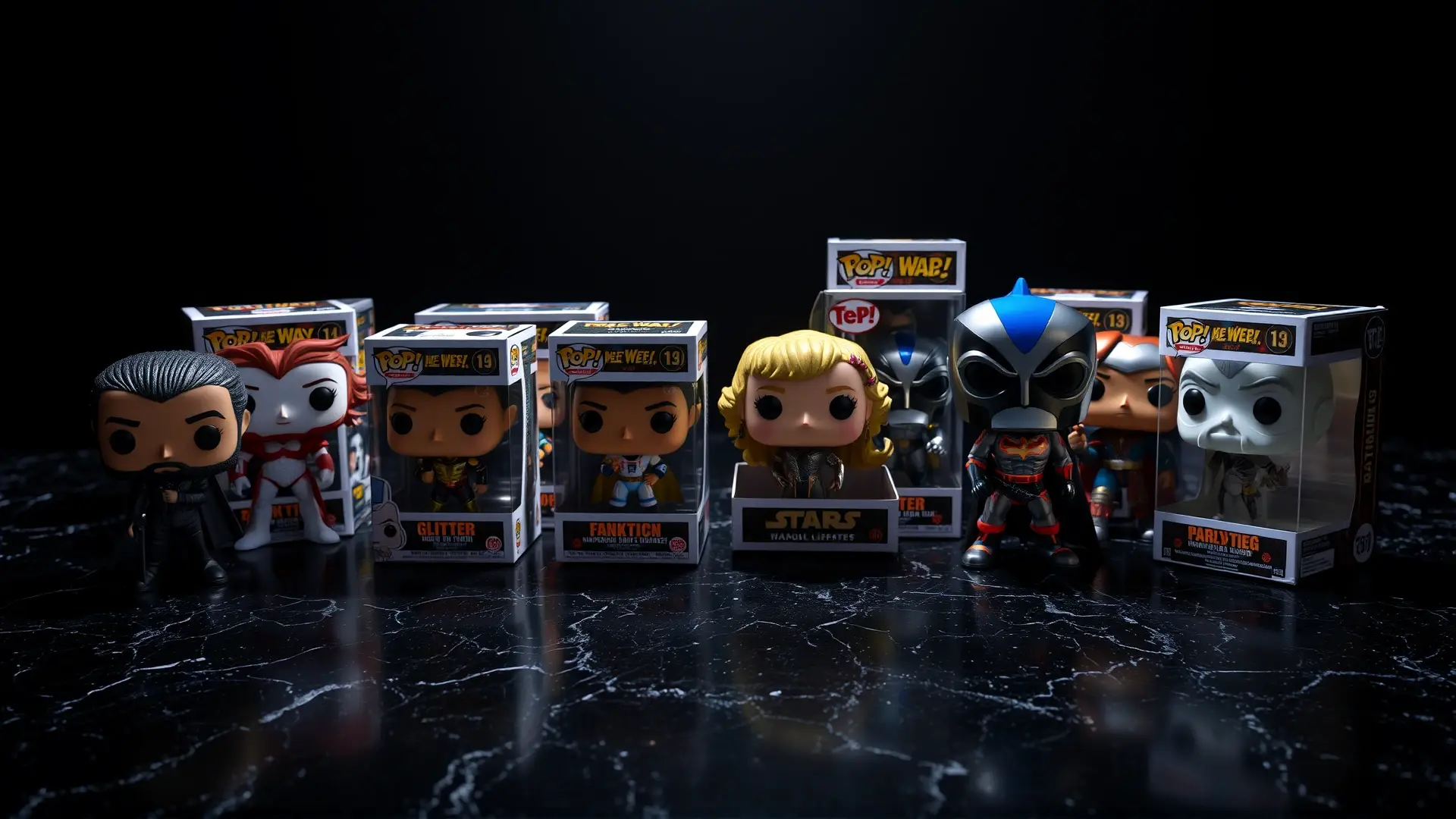 Funko Pops variados, detalle y luz dramática