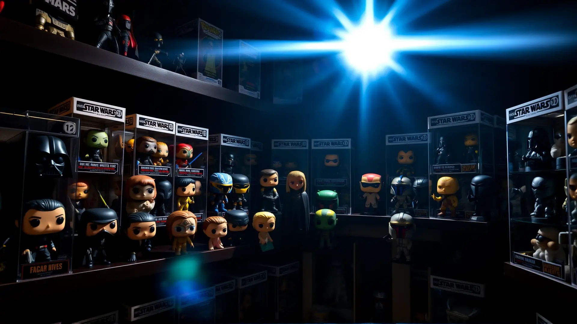 Colección Funko Pop! de Star Wars, exhibida dramáticamente