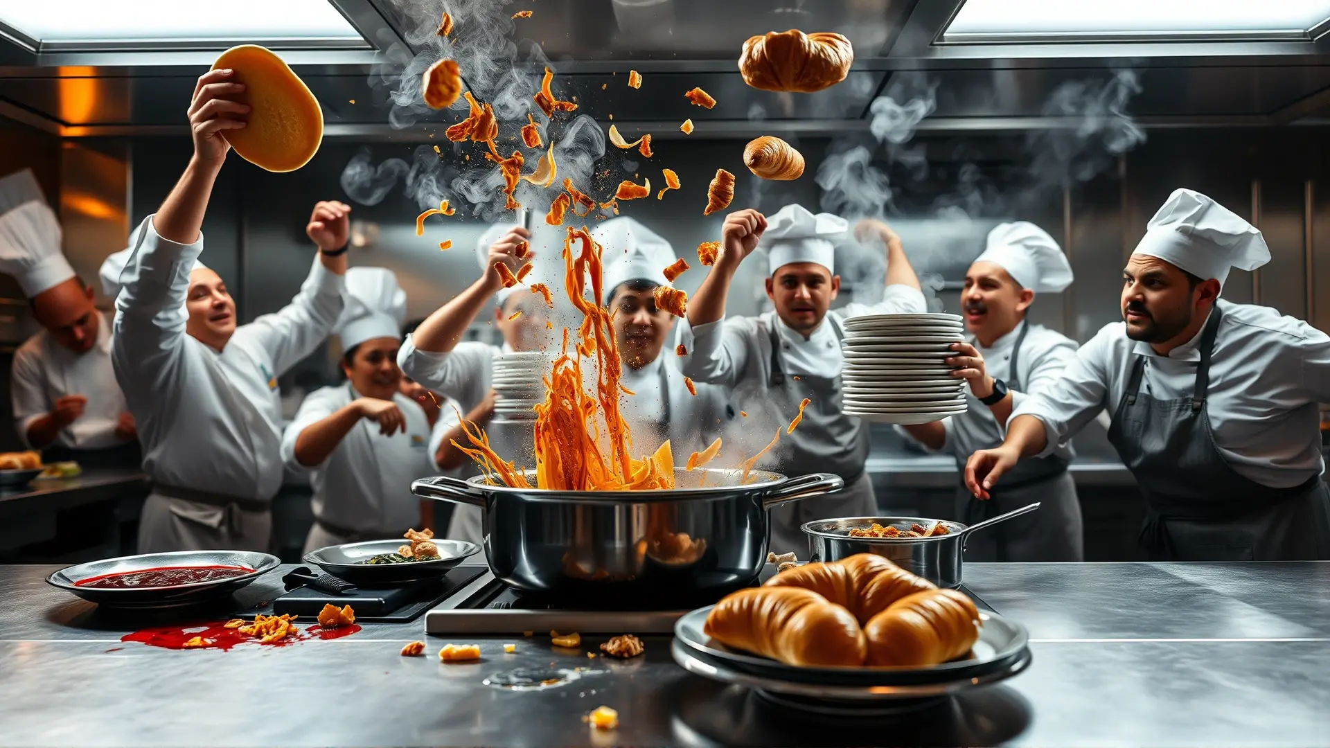 Cocina profesional caótica, acción frenética y detallada