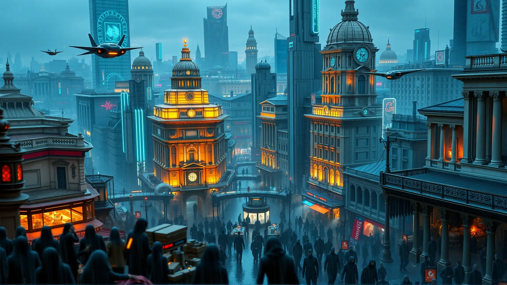 Ciudad futurista decadente y tecnológicamente avanzada