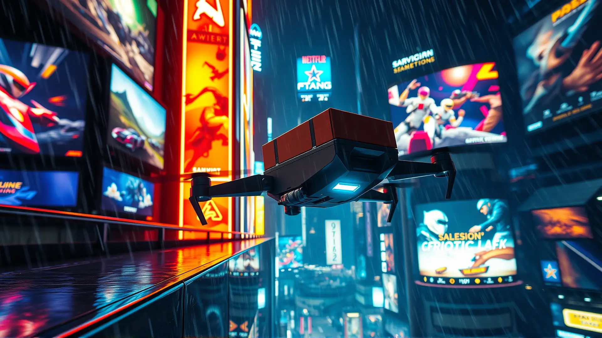 Drone futurista entrega un paquete en la ciudad