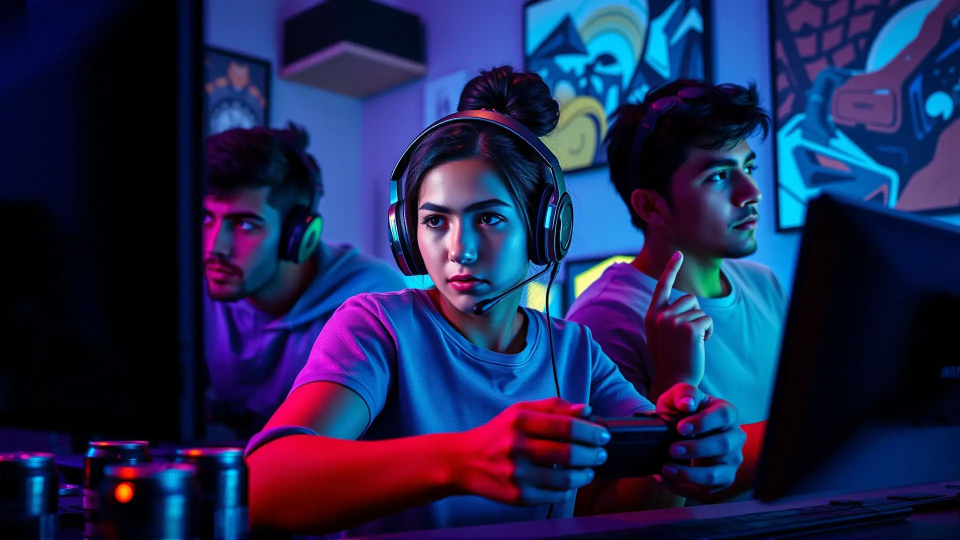 Gamers concentrados compiten en un entorno moderno