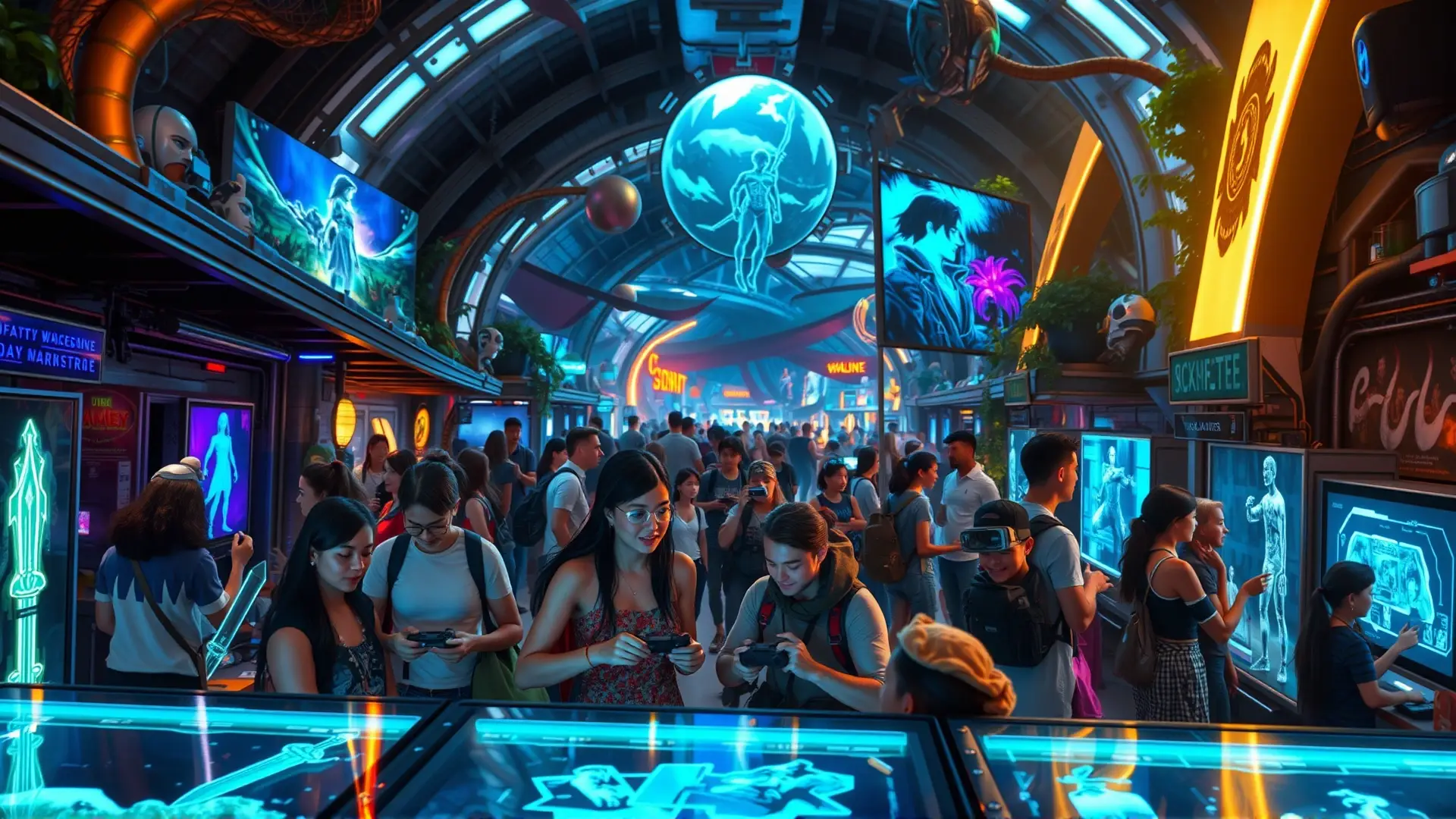 Mercado futurista de videojuegos vibrante e inmersivo