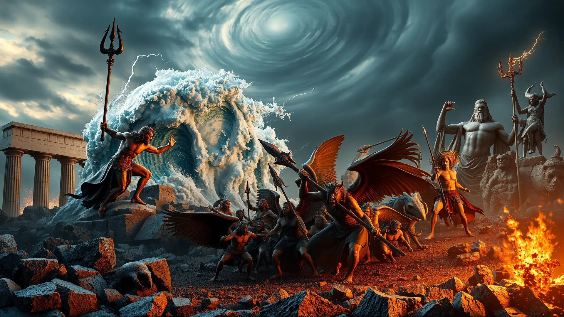 Dioses griegos luchan contra criaturas míticas épicamente
