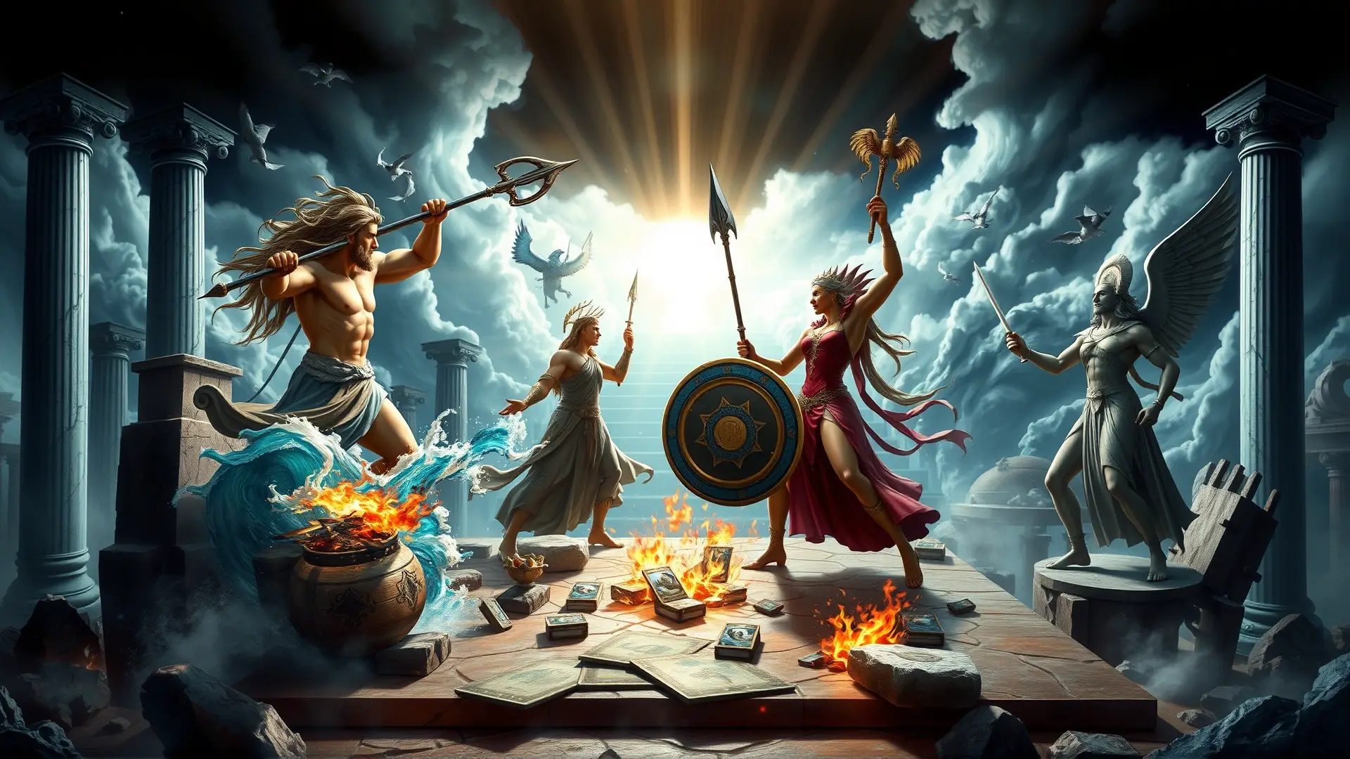 Dioses griegos luchan en ruinas ancestrales