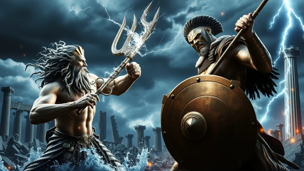 Dioses griegos luchan en batalla épica
