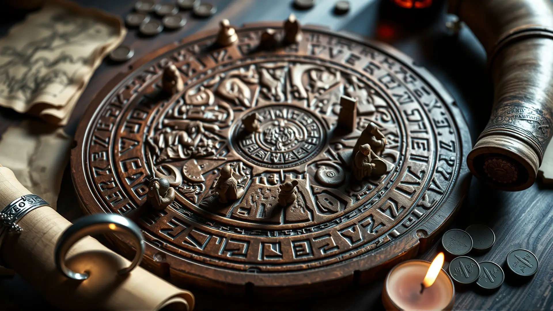 Tablero nórdico antiguo, detallado y dramáticamente iluminado