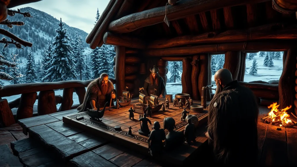 Vikingos juegan en una casa invernal nórdica