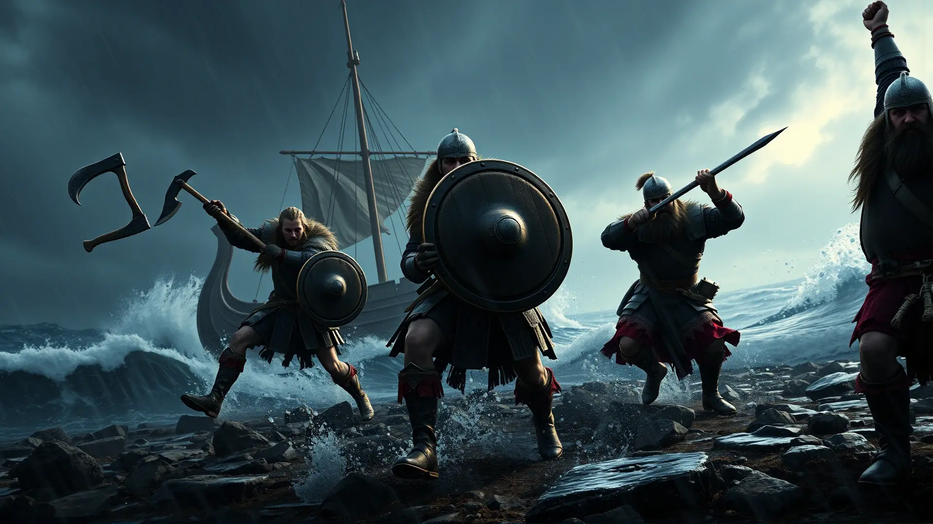 Vikingos atacan en una costa tormentosa