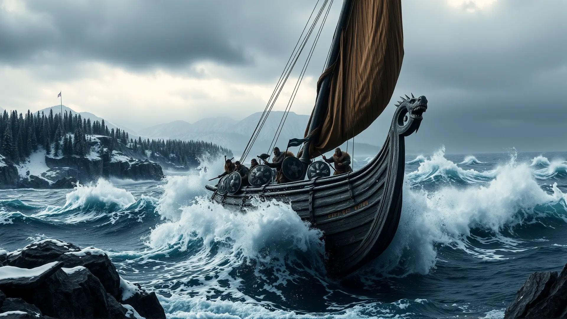 Un barco vikingo lucha contra una tormenta furiosa