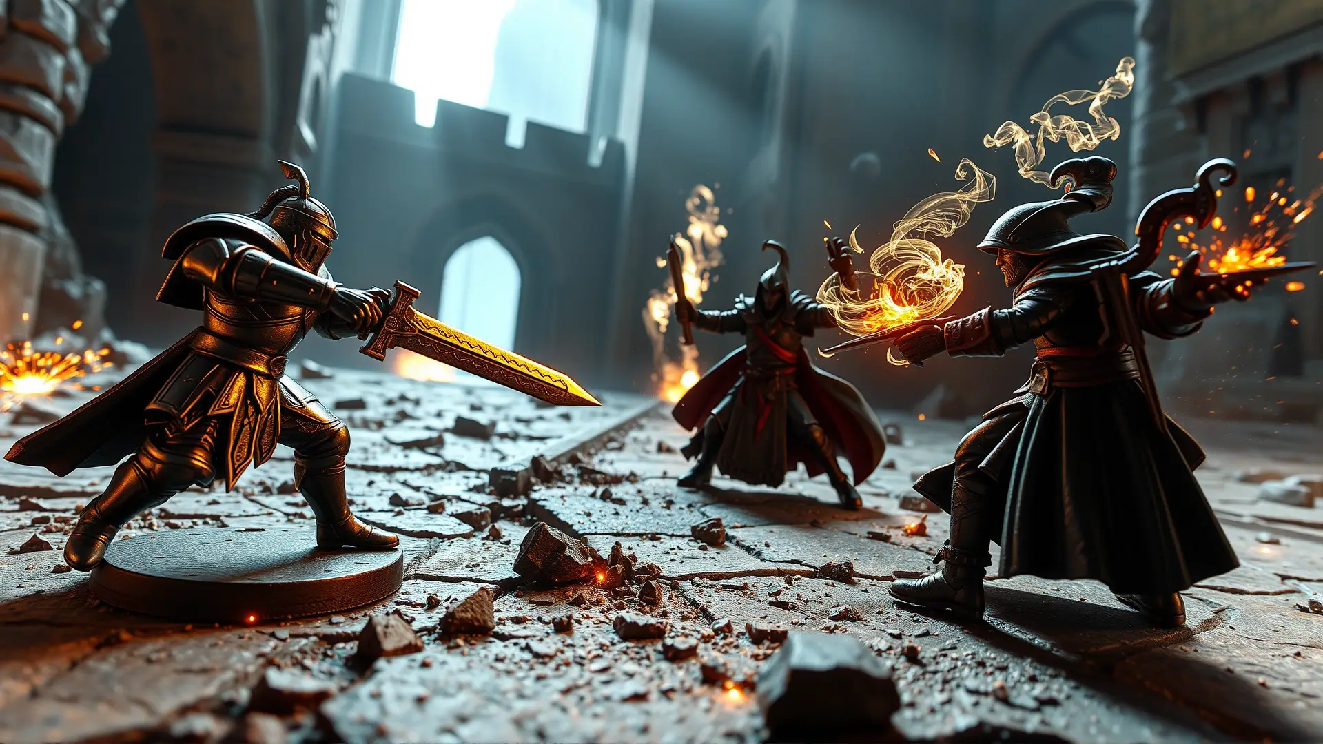 Batalla épica entre figuras fantásticas detalladas