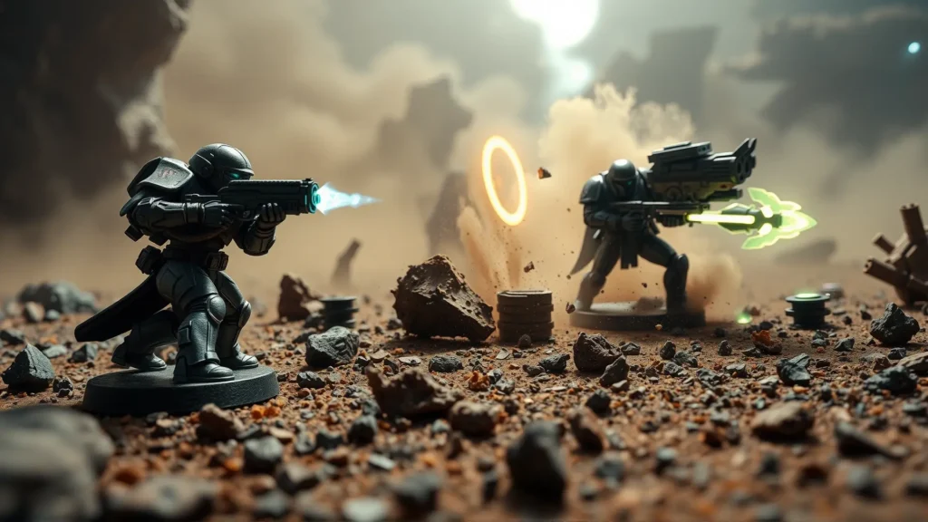 Batalla futurista de miniaturas en mundo alienígena