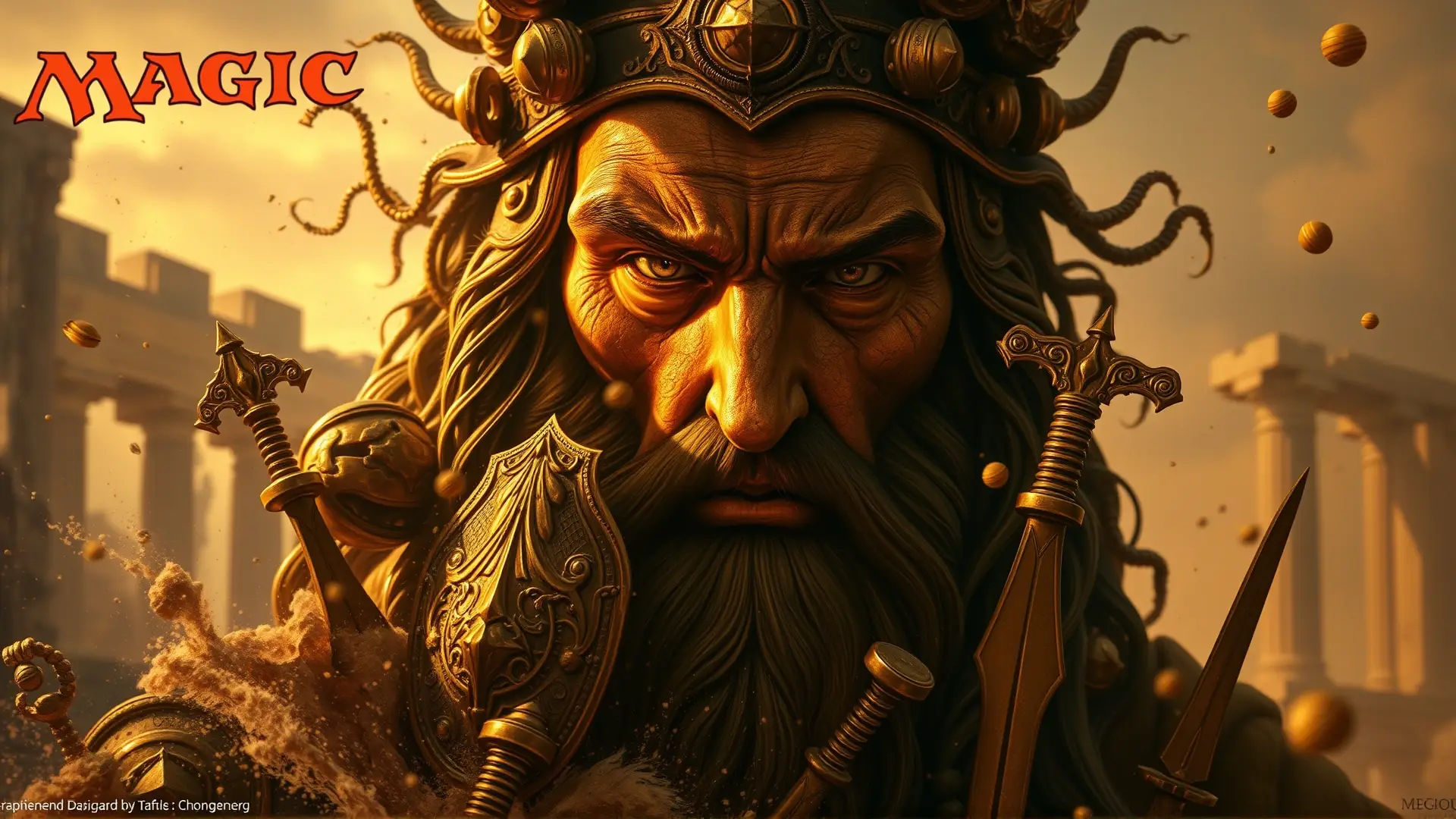 Heliod emerge entre ruinas doradas y polvo