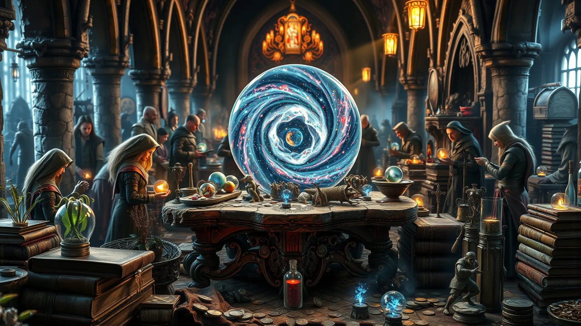 Mercado mágico antiguo, vibrante y misterioso