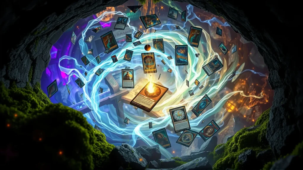 Un vórtice mágico de cartas ilumina un arco