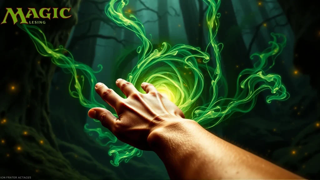 Mano canaliza energía mágica verde y dorada