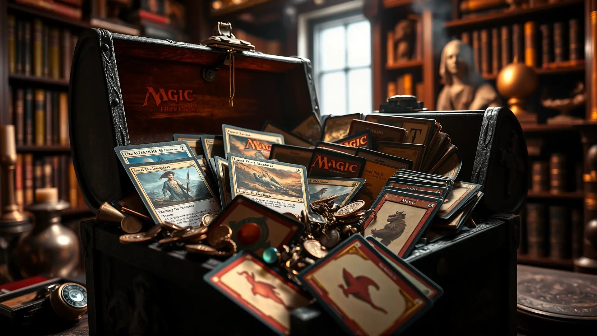 Tesoro de cartas Magic desbordante y antiguo