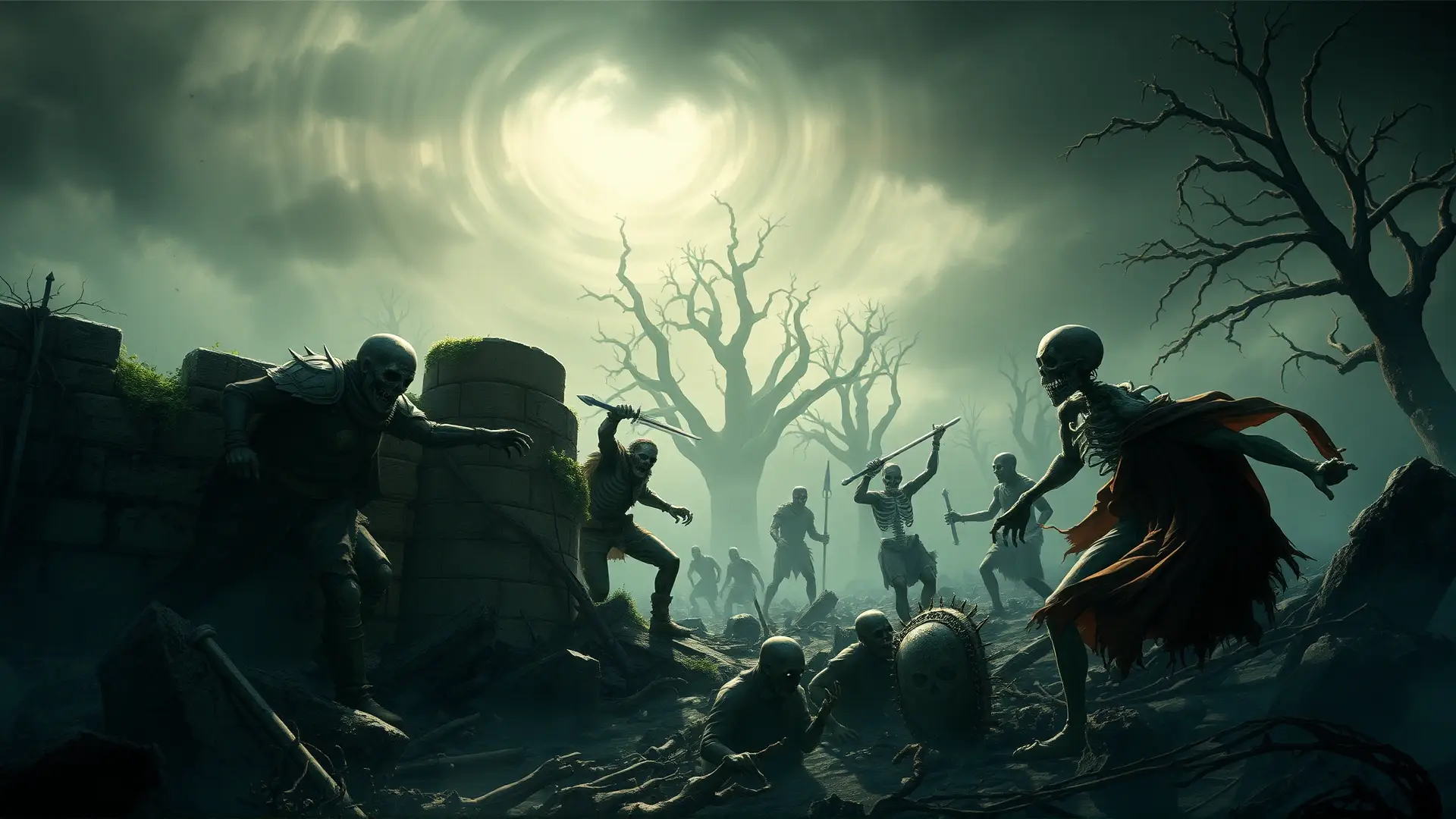 Un campo de batalla zombi gótico y detallado