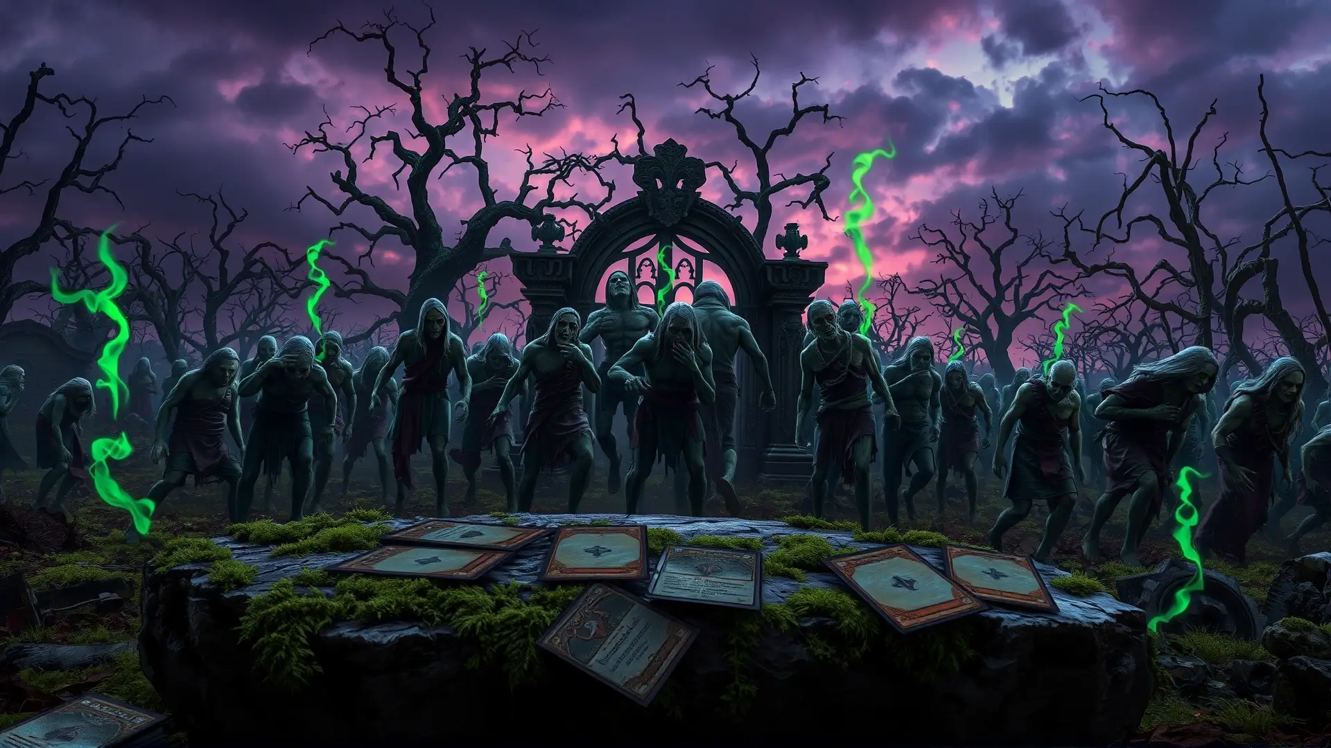 Zombies rodean un altar mágico y decrépito