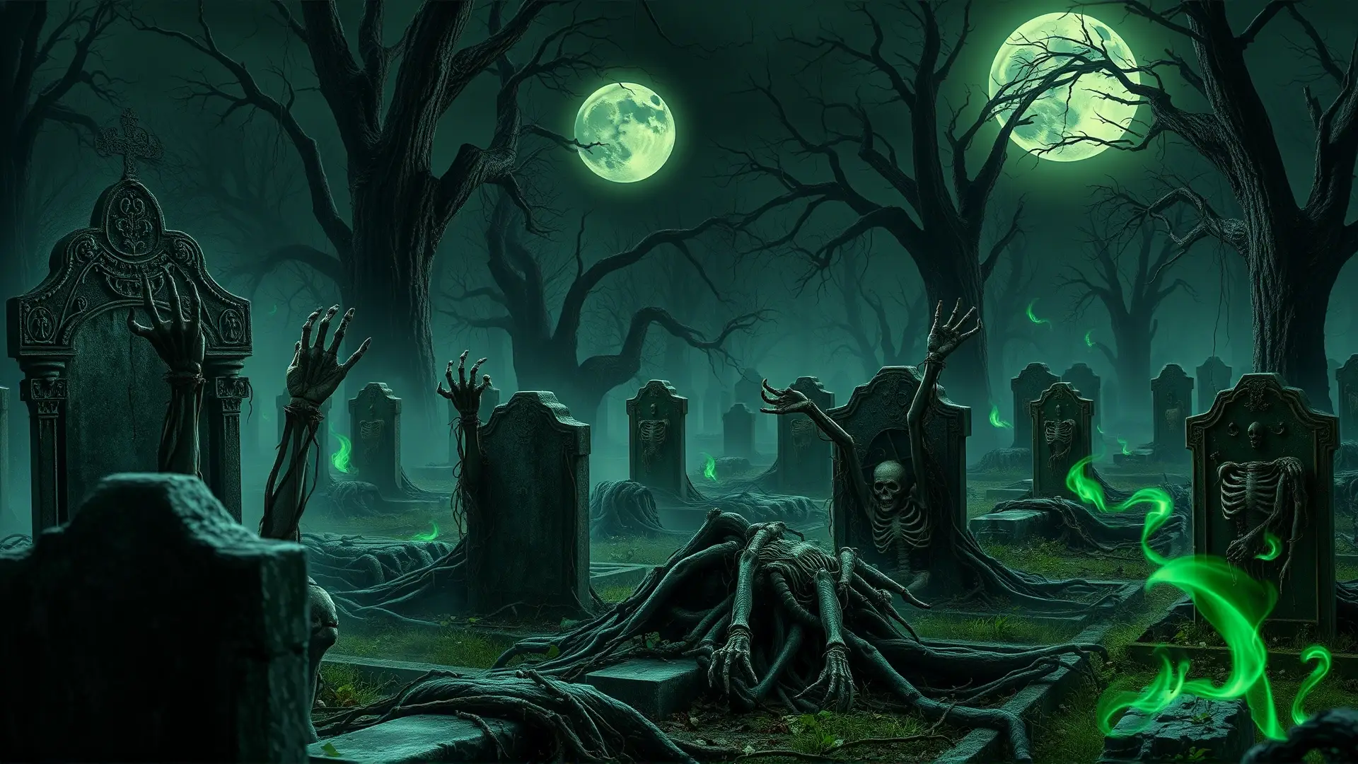 Cementerio abandonado, zombis surgen en la niebla