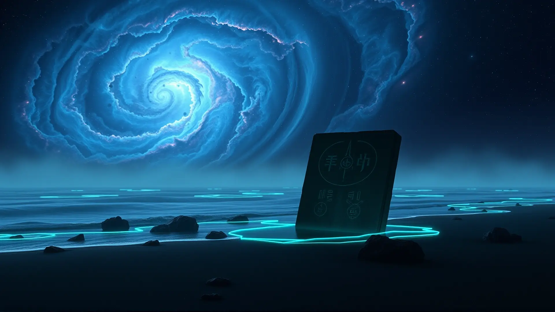 Monolito alienígena bajo nebulosa cósmica inquietante