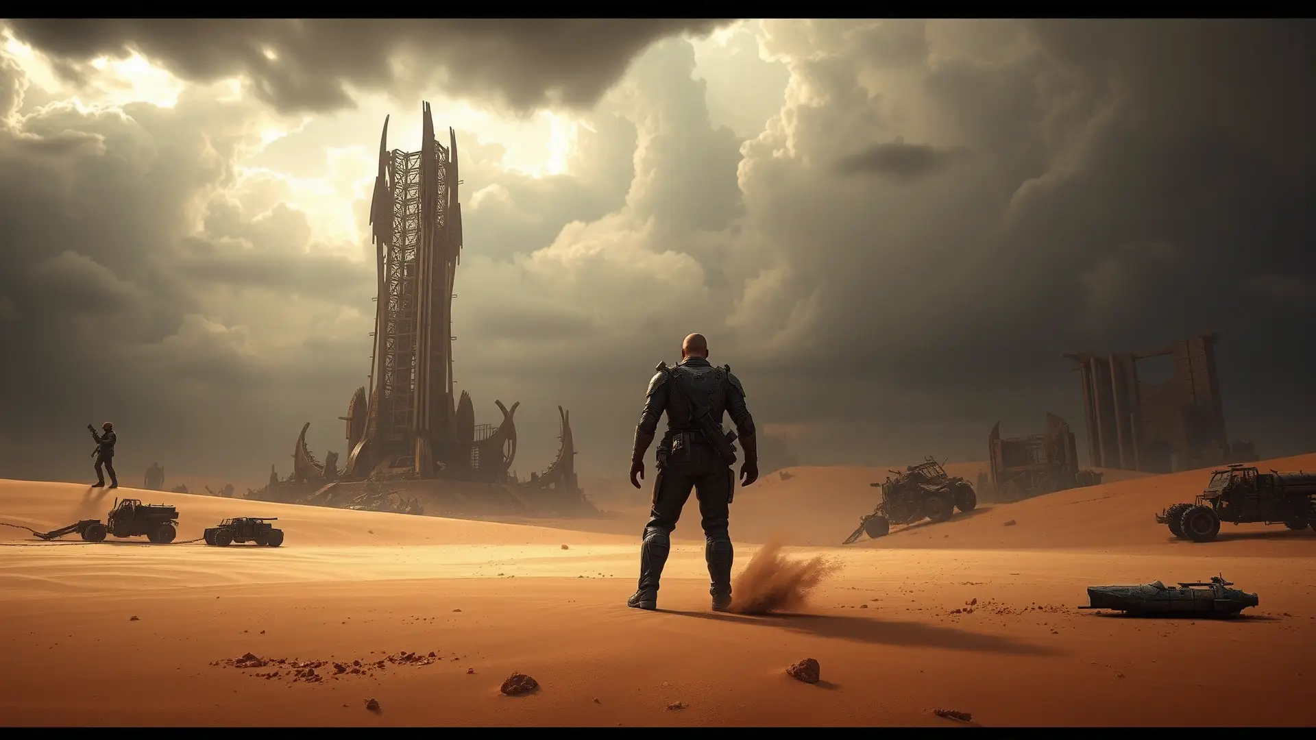 Un guerrero solitario observa un páramo postapocalíptico