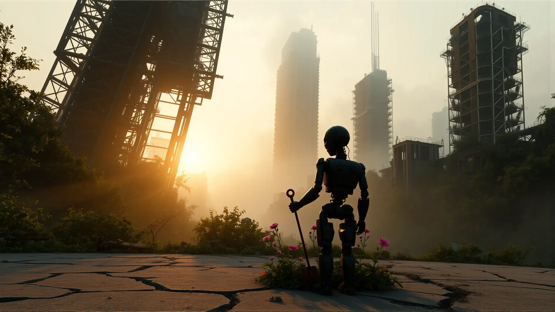 Robot cuida flores entre ruinas postapocalípticas