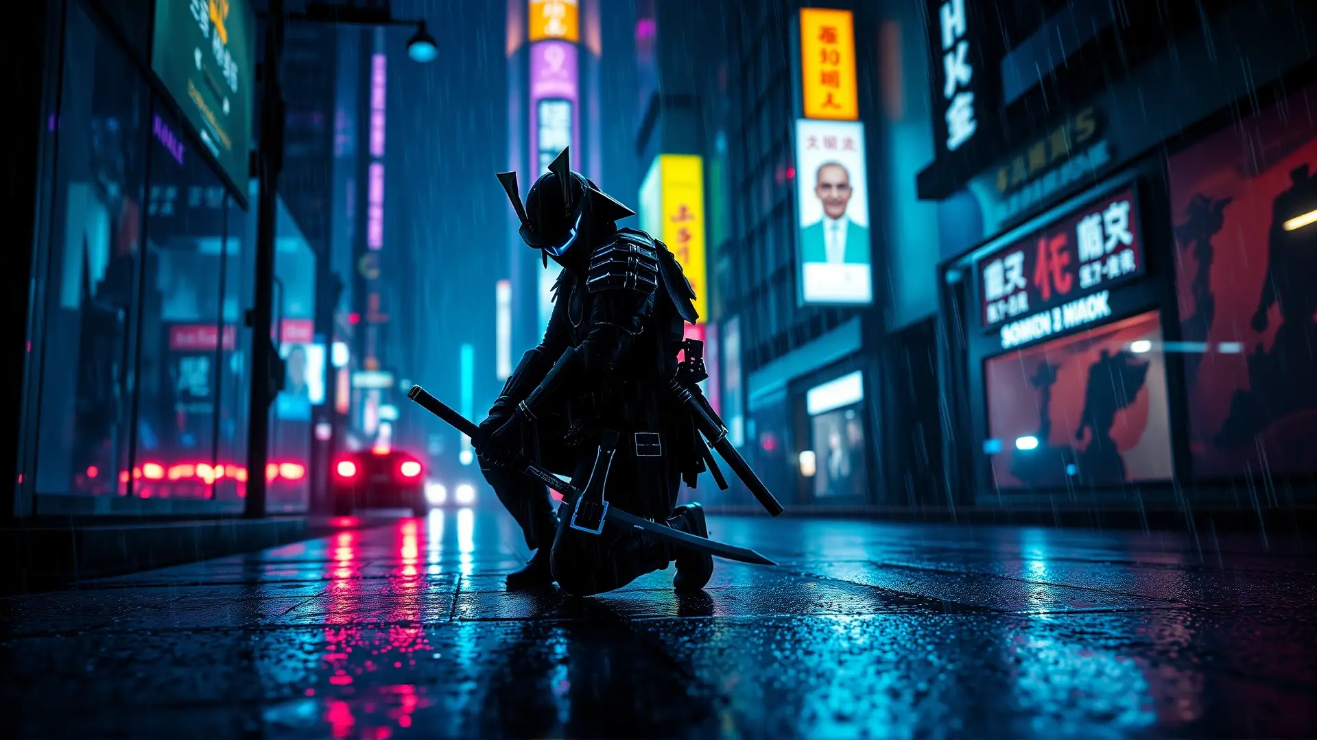 Samurái futurista solitario en lluvia cyberpunk