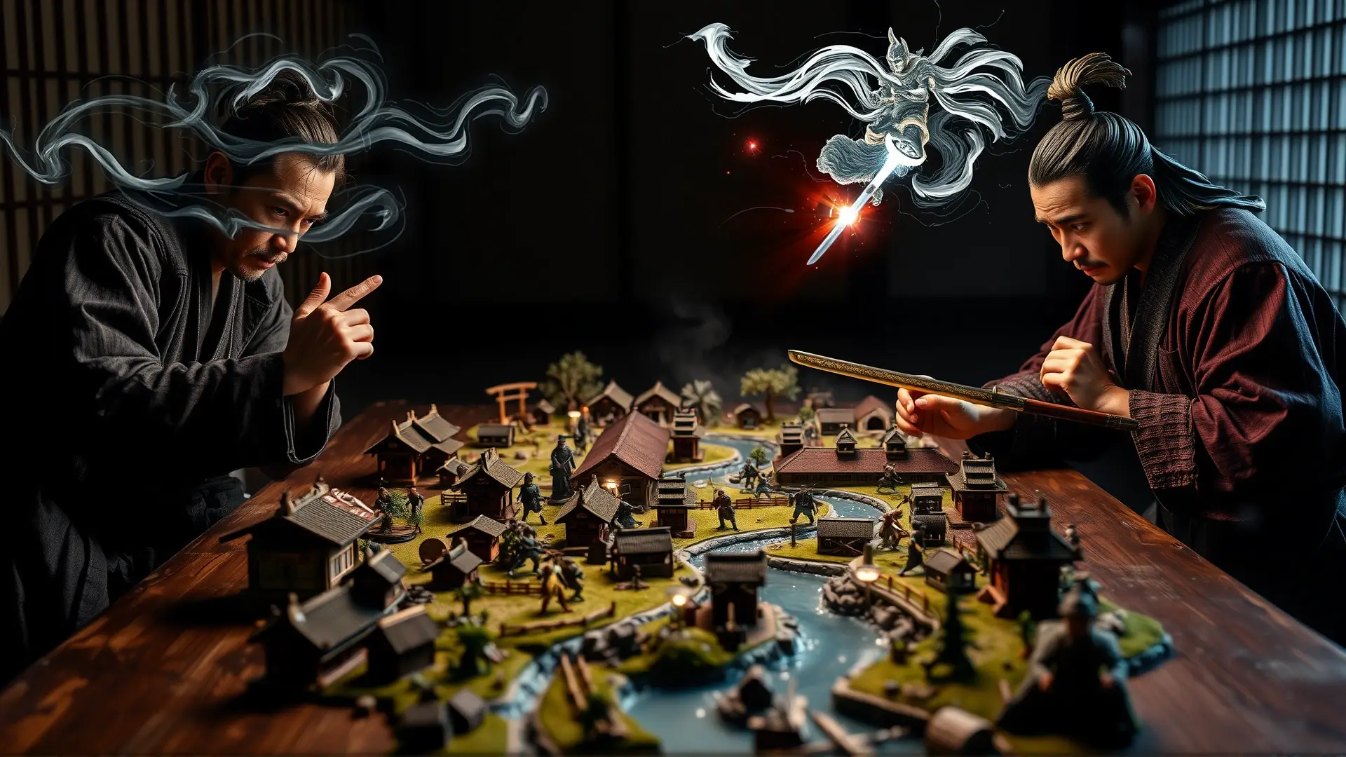 Samuráis planean estrategia en batalla miniatura holográfica