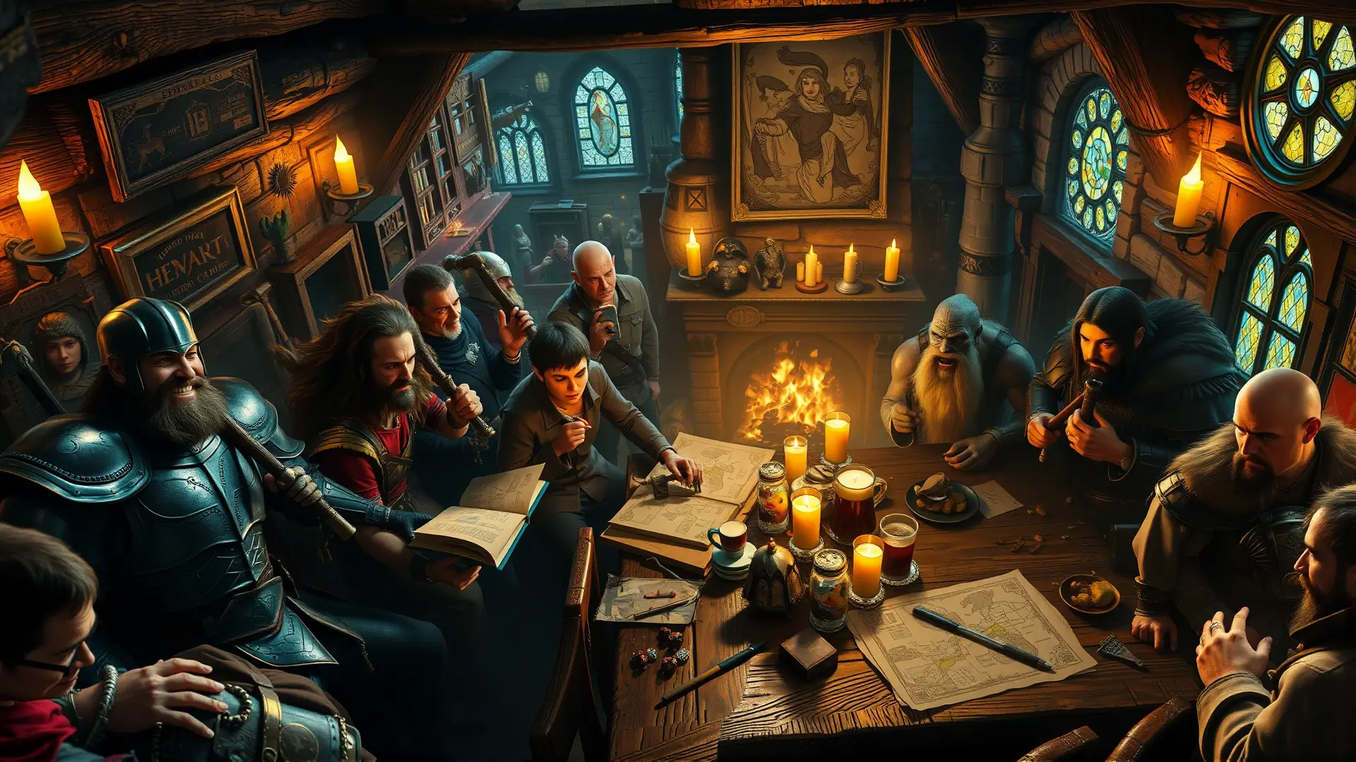 Ajetreada taberna llena de aventureros fantásticos