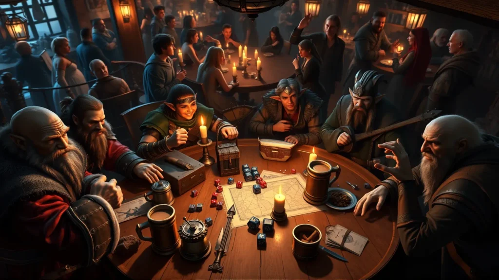 Aventureros fantásticos comparten una animada taberna