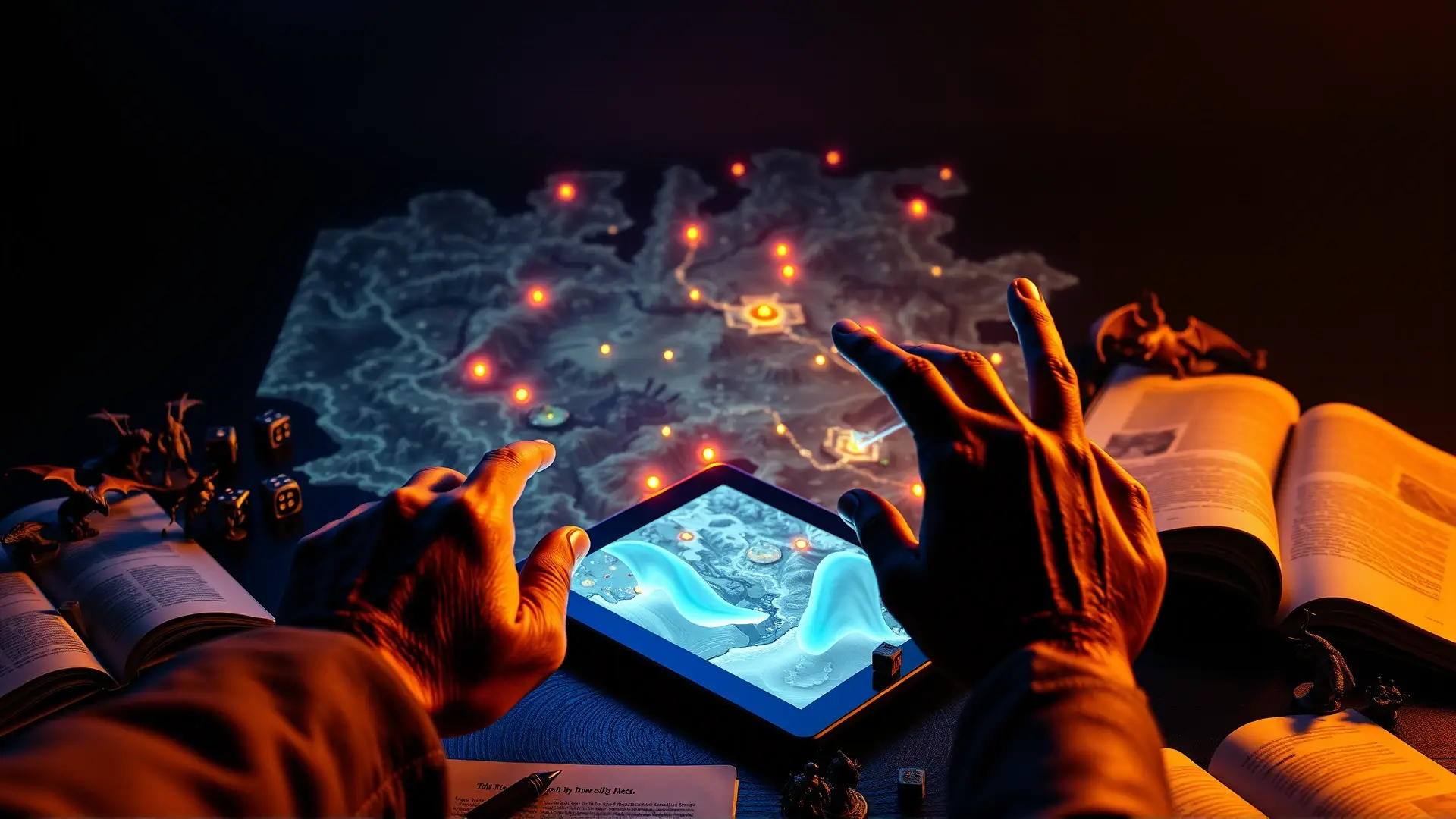 Manos interactúan con mapa holográfico fantástico