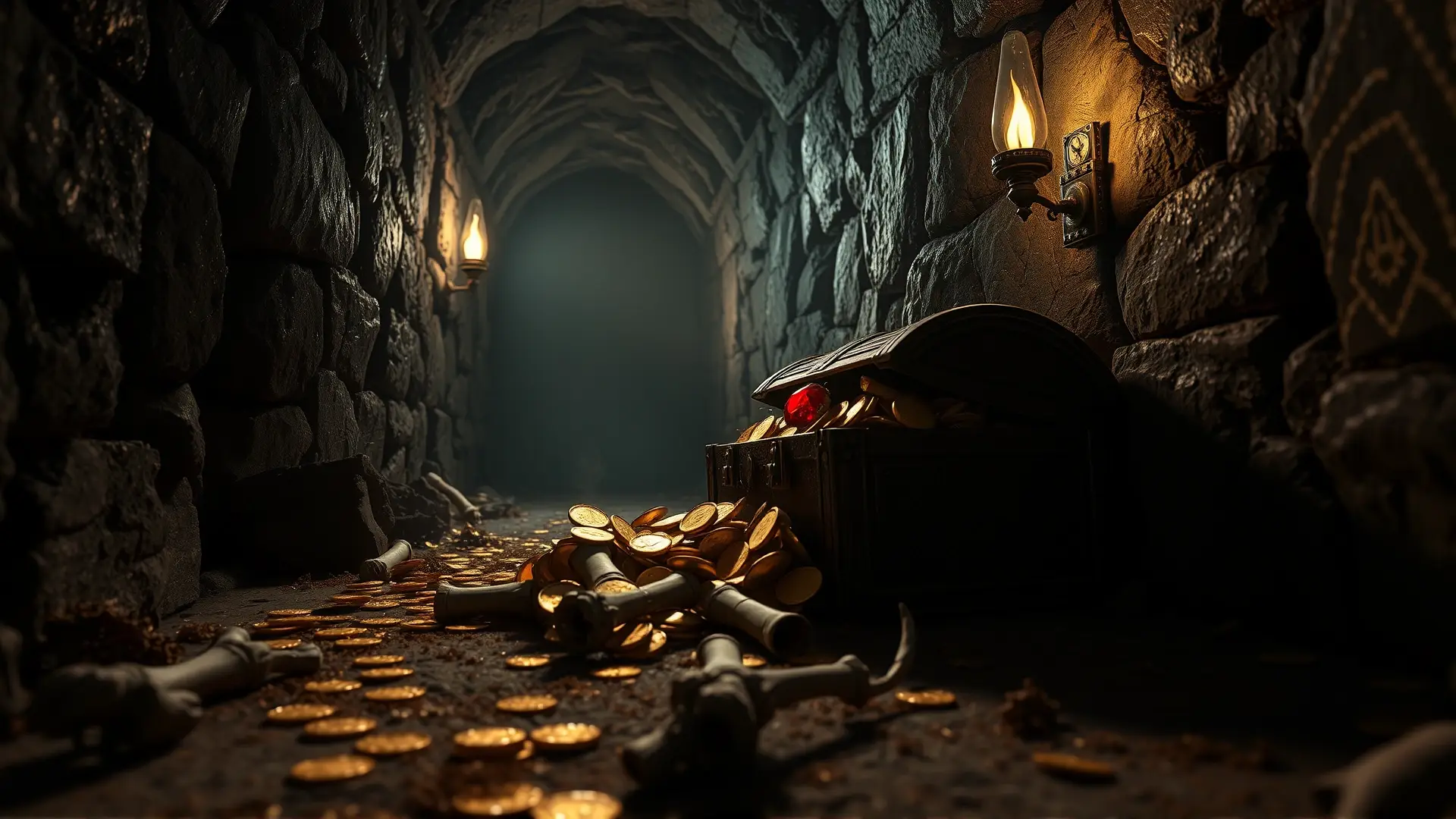 Tesoro brillante yace en oscura mazmorra
