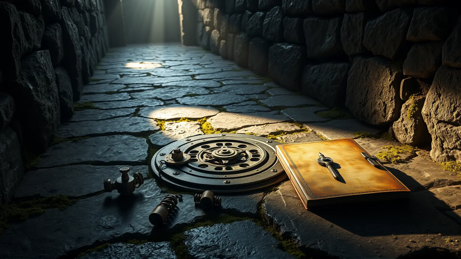 Pasillo tenebroso de mazmorra con trampa antigua