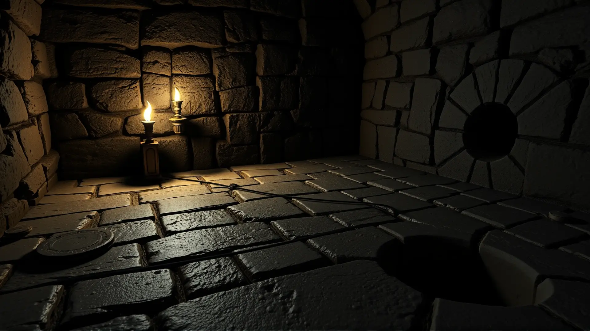 Sótano peligroso, realista, con trampas ocultas