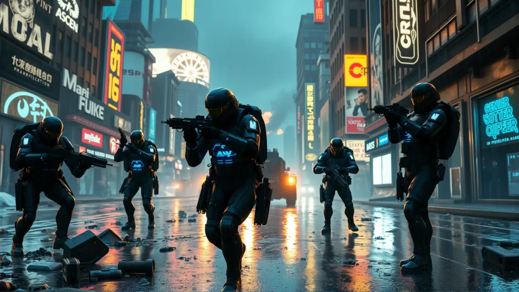 Soldados futuristas combaten en ciudad devastada