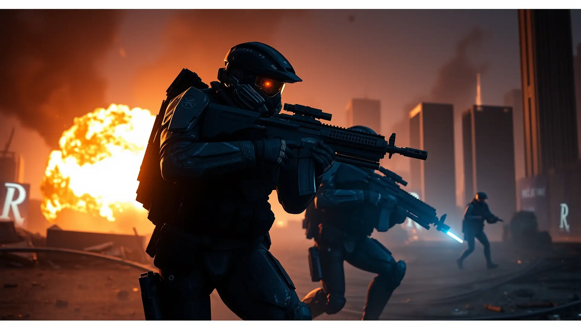 Soldados futuristas avanzan en ciudad devastada