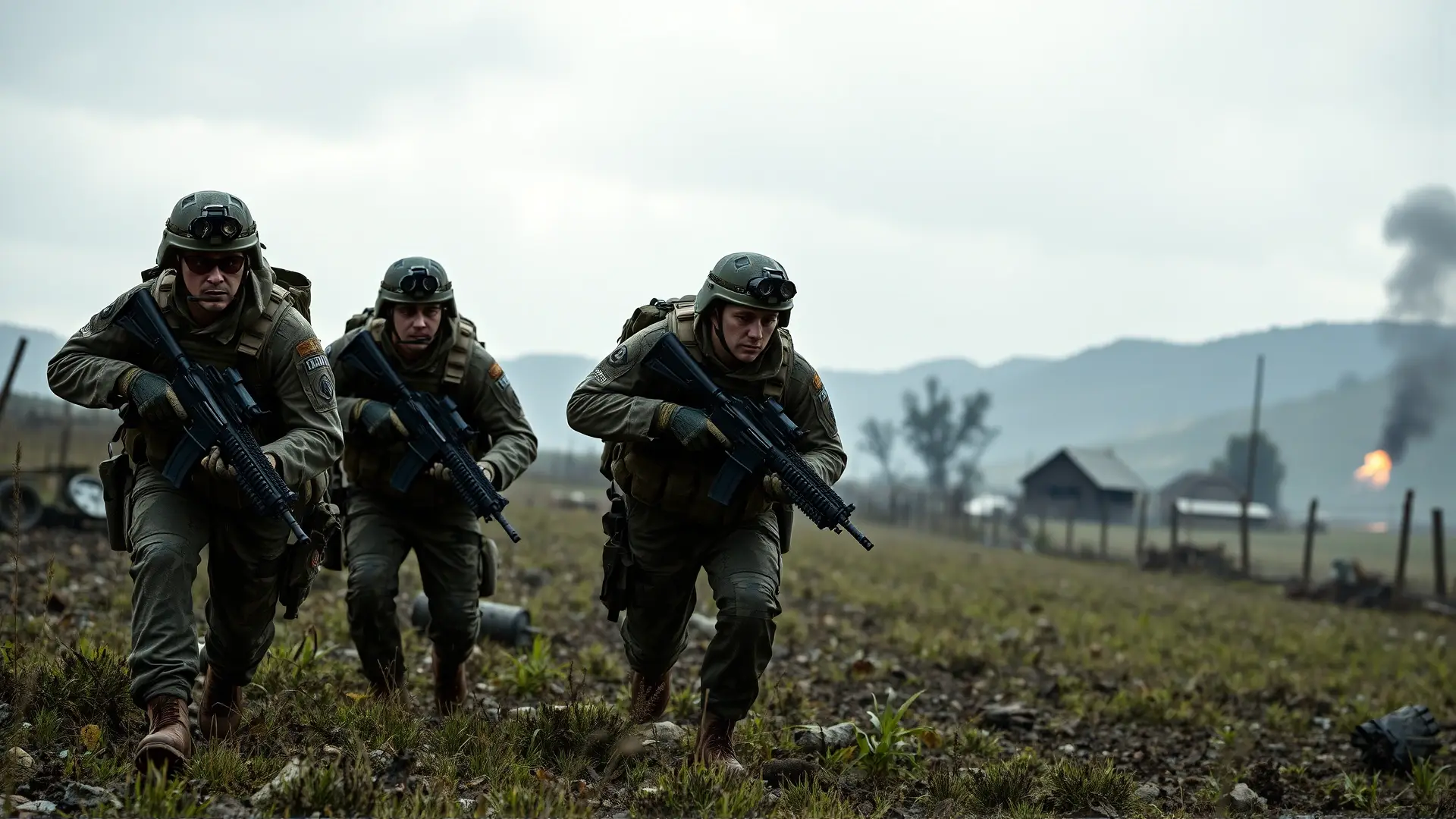 Soldados avanzan en campo de batalla devastado