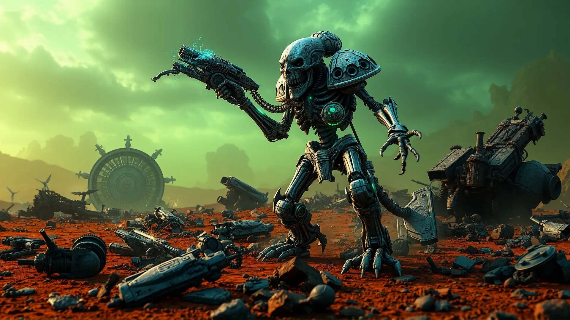 Guerrero Necron dañado domina campo de batalla devastado