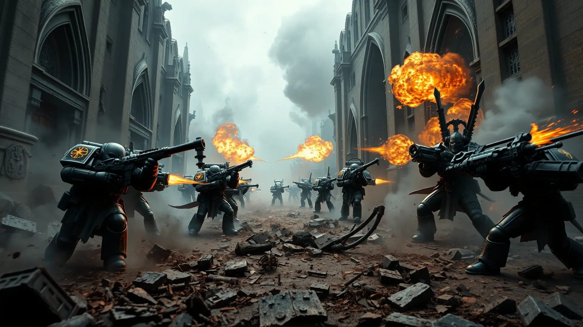 Guerreros se enfrentan en un campo de batalla grimdark