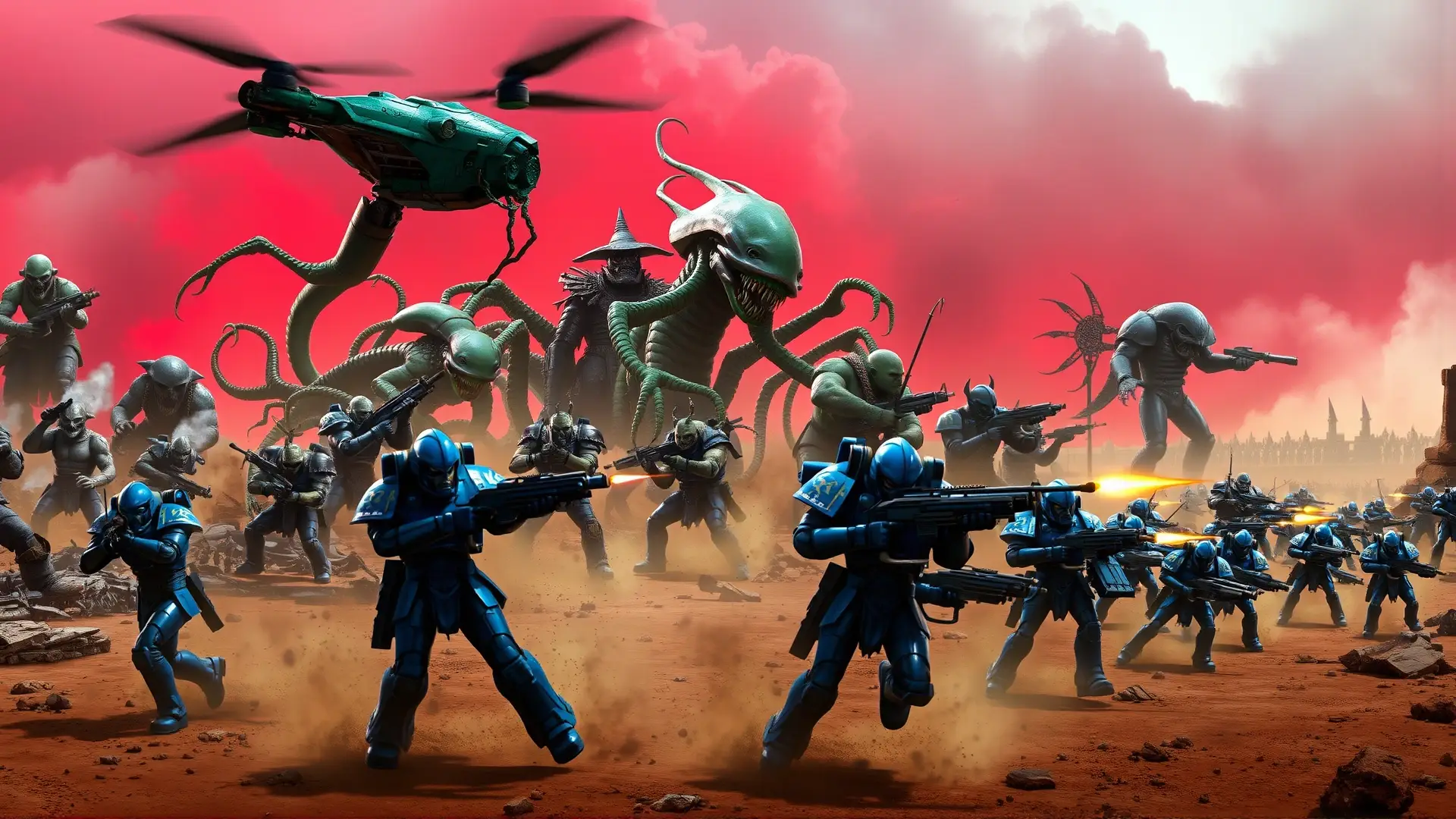 Batalla épica entre razas alienígenas en un mundo devastado